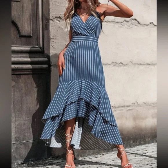 Boho Blue Striped Tie back Ruffle hem High Low Cami Dress - Picture 5 of 6